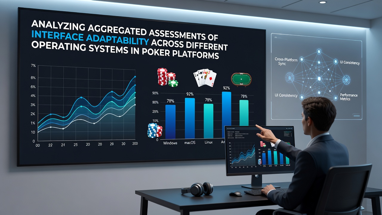 Visual representation of poker platform interfaces adapting across multiple operating systems including desktop and mobile environments