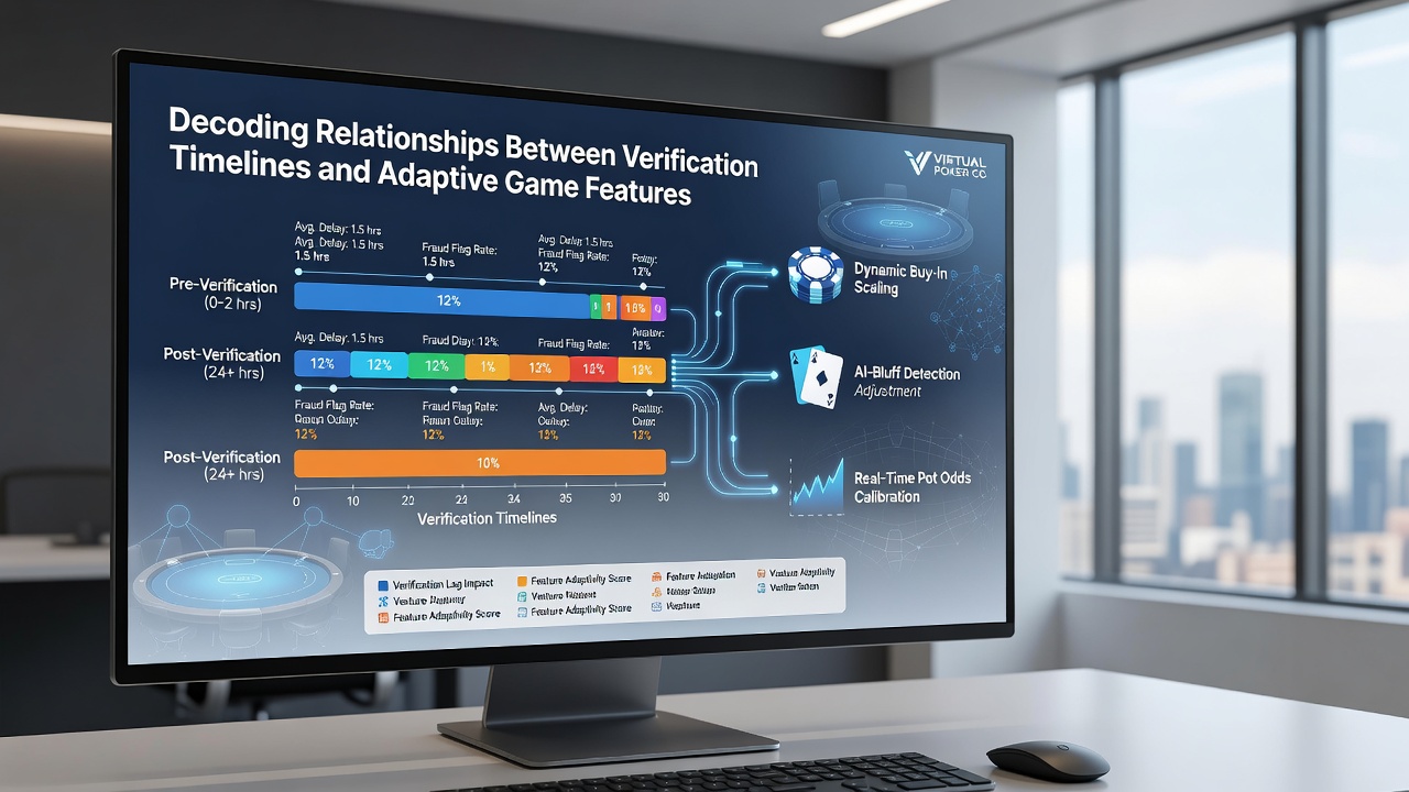 Dashboard view of poker platform analytics linking verification completion to feature usage trends