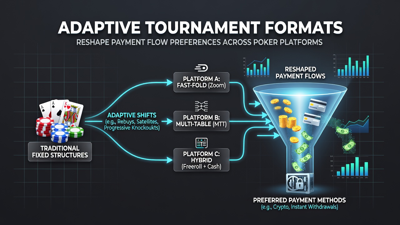 Poker players engaging with adaptive tournament interfaces on digital platforms showing varied buy-in structures and real-time payment options