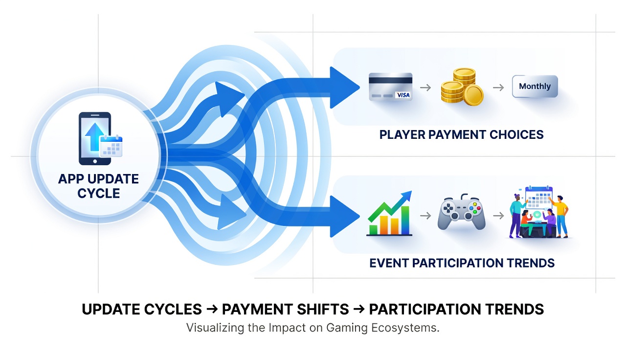 Mobile app update cycle diagram showing payment integration points and event participation metrics