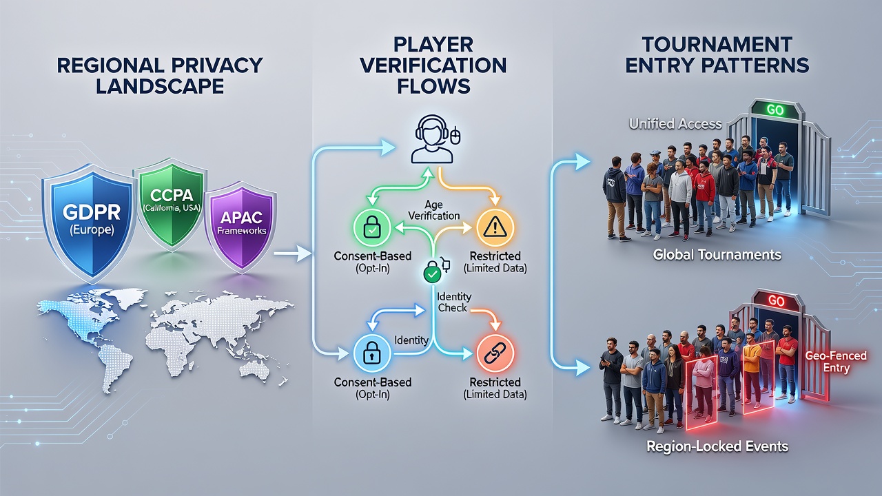 Analytics dashboard displaying tournament entry trends segmented by regional privacy compliance zones