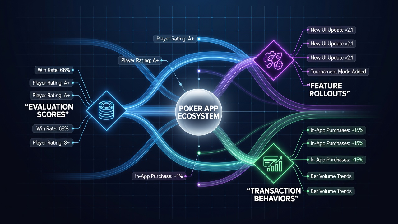 Dashboard view of poker app metrics showing evaluation scores alongside transaction volumes