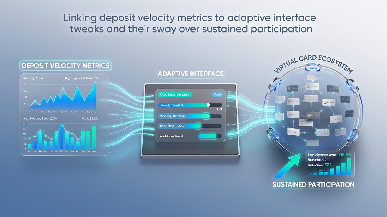 Dashboard view showing deposit velocity charts alongside interface adaptation panels in a virtual card platform