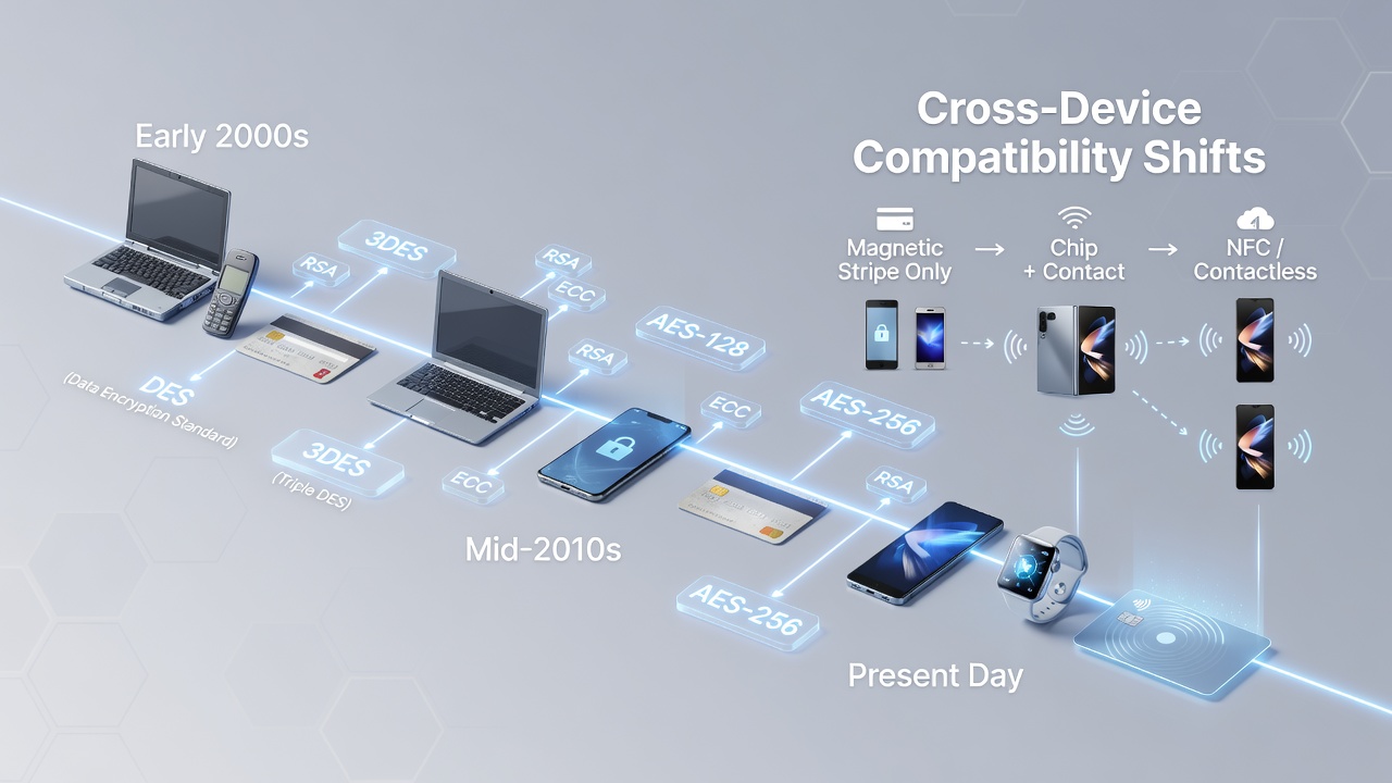 Flowchart illustrating cross-device encryption handshakes between smart cards, mobile apps, and cloud verification servers
