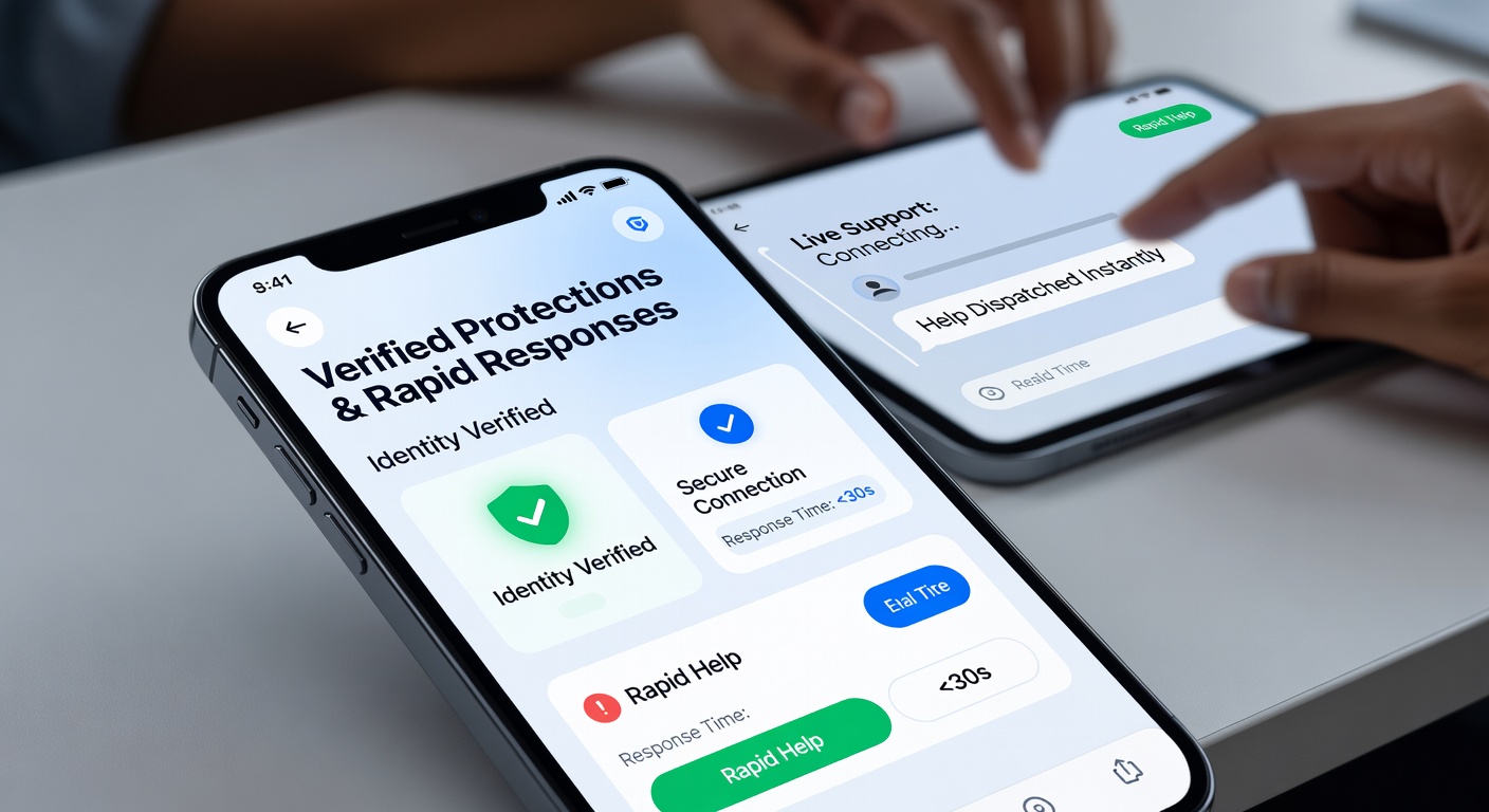 Mobile poker app interface displaying verified security badges and live chat support options