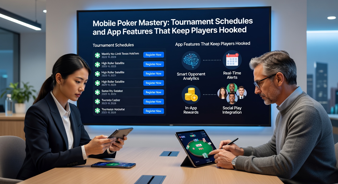 Close-up of a mobile poker app interface showing a live tournament with rising prize pool, player count ticking up, and action buttons