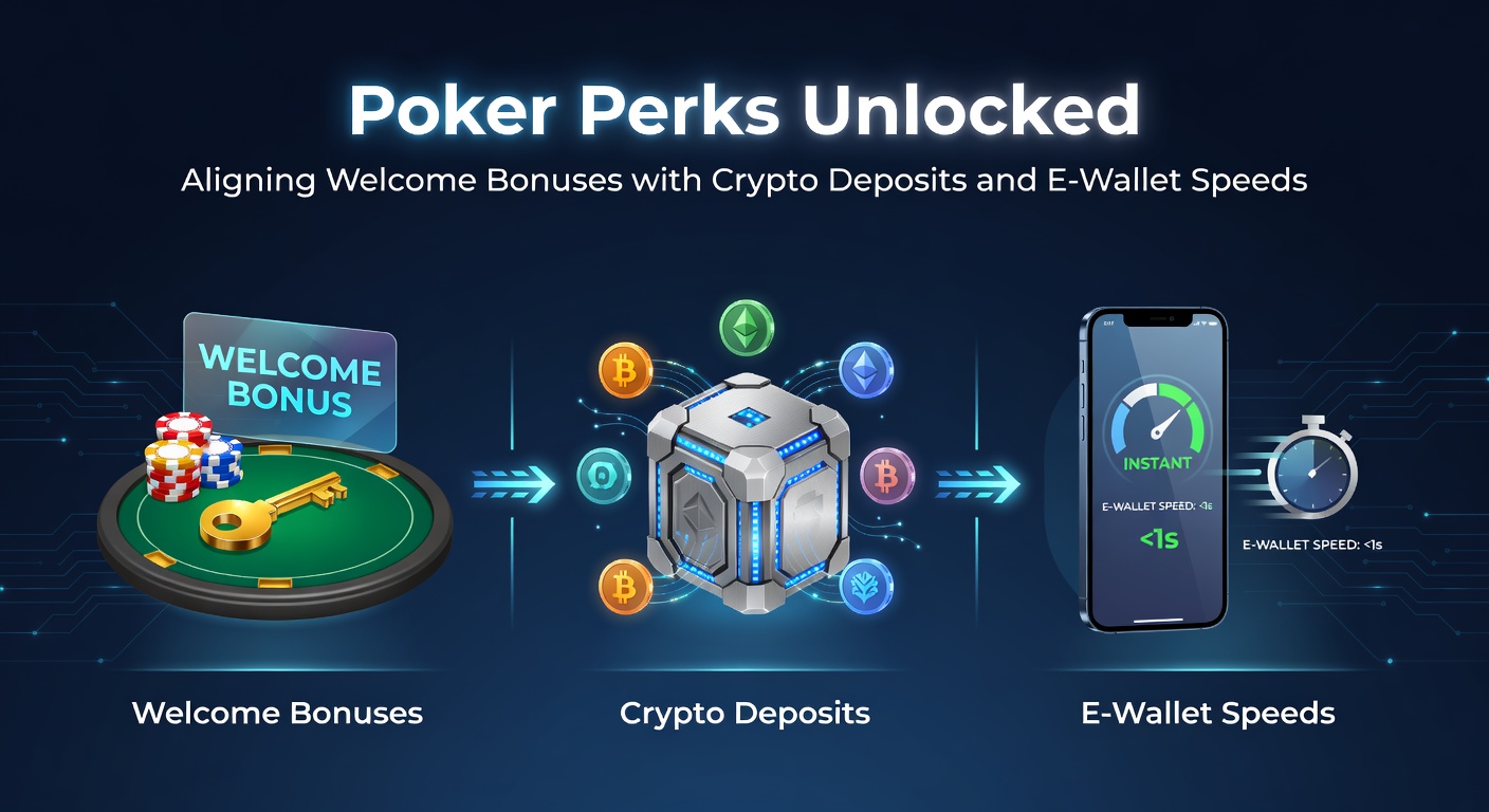 Digital illustration of poker chips, cryptocurrency symbols, and speedy e-wallet icons merging with bonus offer graphics, symbolizing fast deposits and rewards in online poker