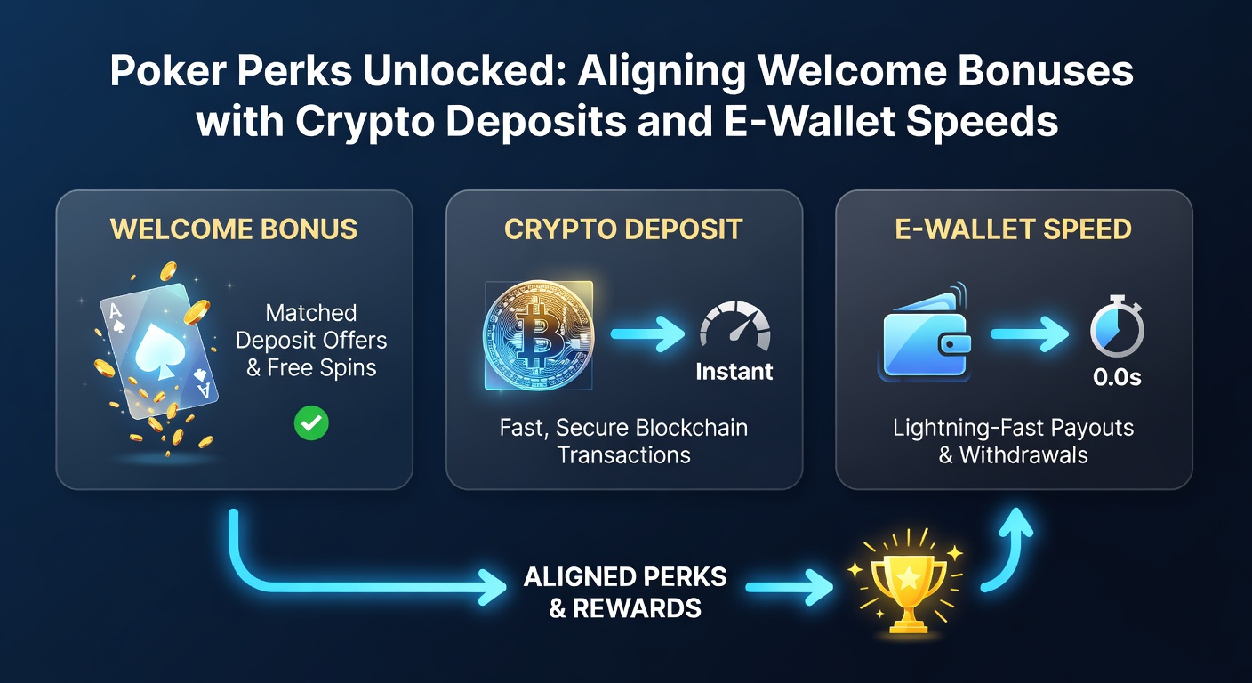 Screenshot-style graphic showing a poker app interface with crypto wallet integration, e-wallet deposit buttons, and a highlighted welcome bonus bar filling up instantly