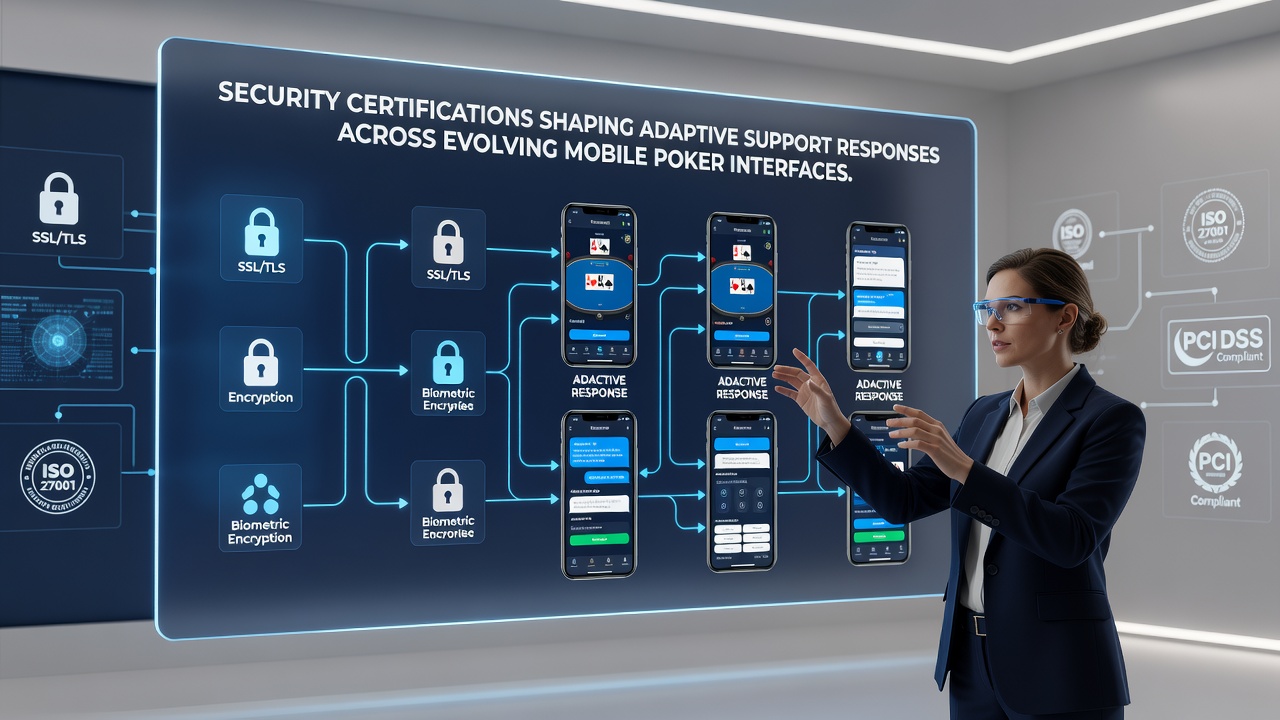 Mobile poker app interface displaying security certification badges alongside adaptive support chat options