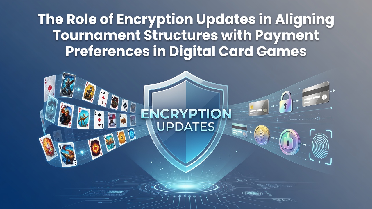 Digital card game interface showing secure encryption layers protecting tournament entry payments and player data flows